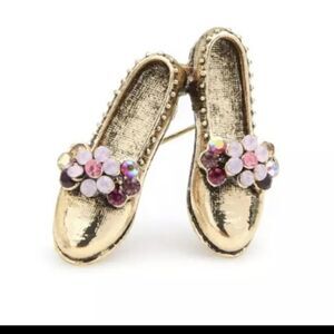 Retro Vintage Ballet Shoe Slipper Gold Pink Rhinestone Flower Bowknot Brooch